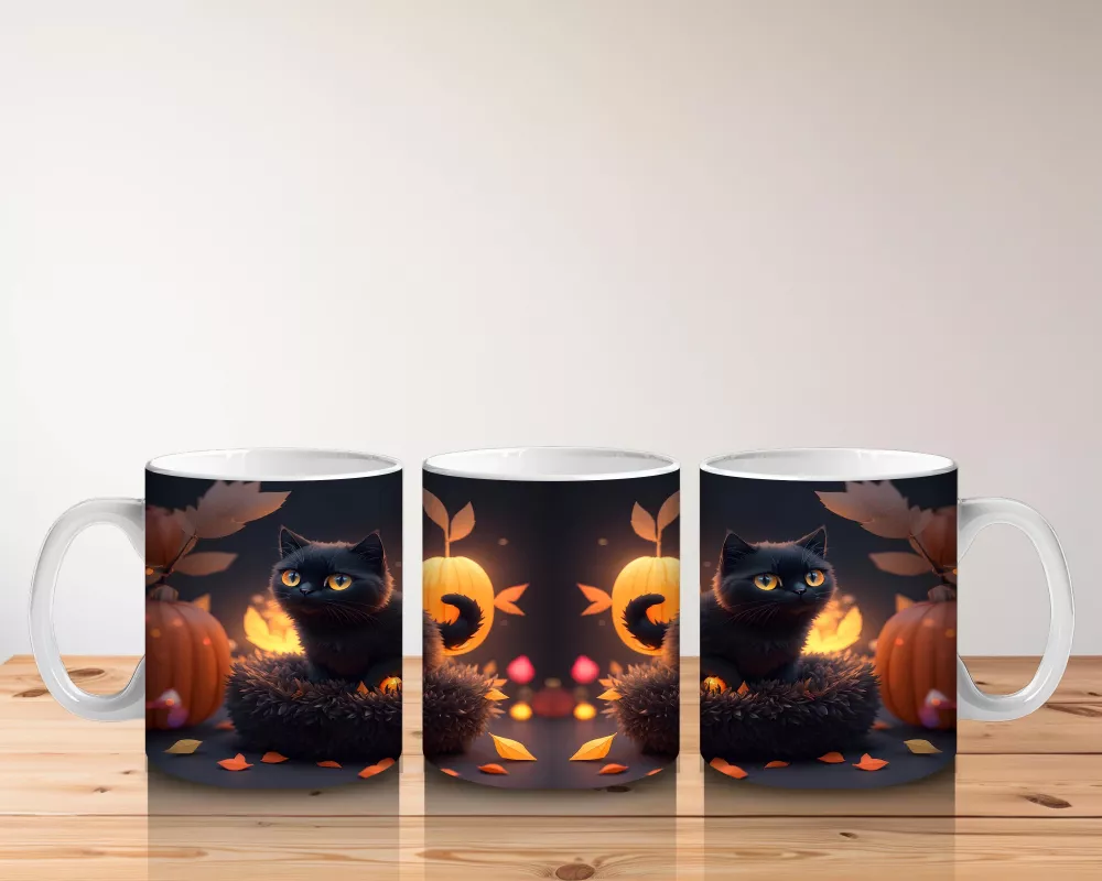 Sonbahar Yaprakları Arasında Gizlenen Siyah Kediler – Baskılı Kahve Kupası - 5