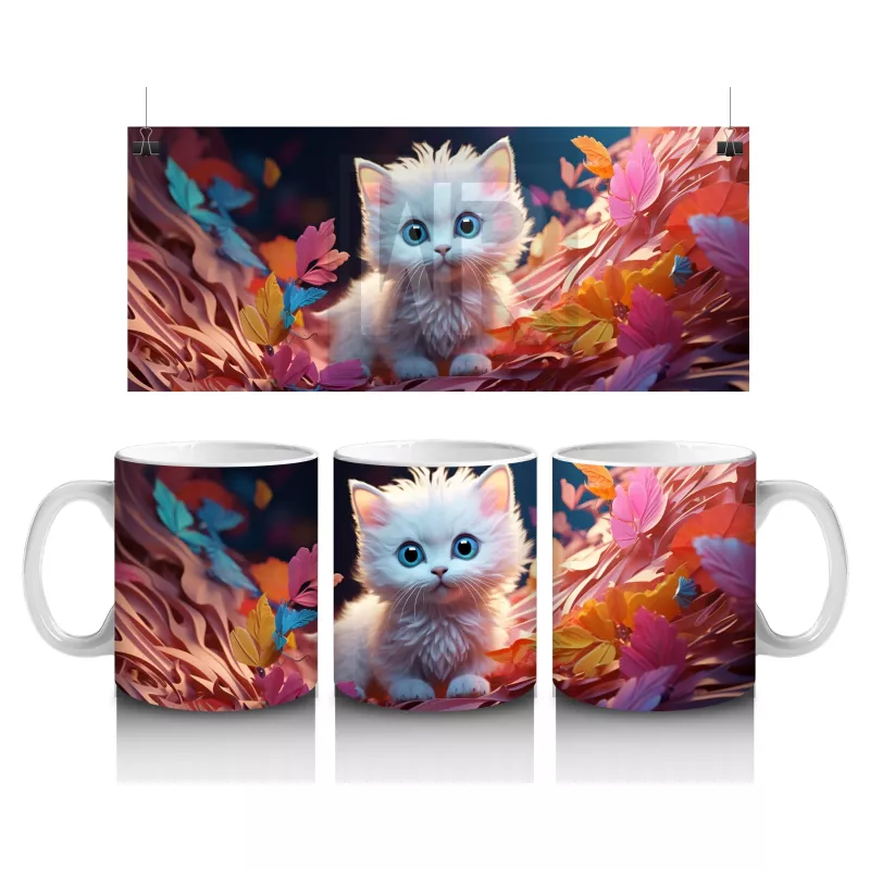 Sonbahar Yaprakları Arasında Mavi Gözlü Kedi – Baskılı Kahve Kupası