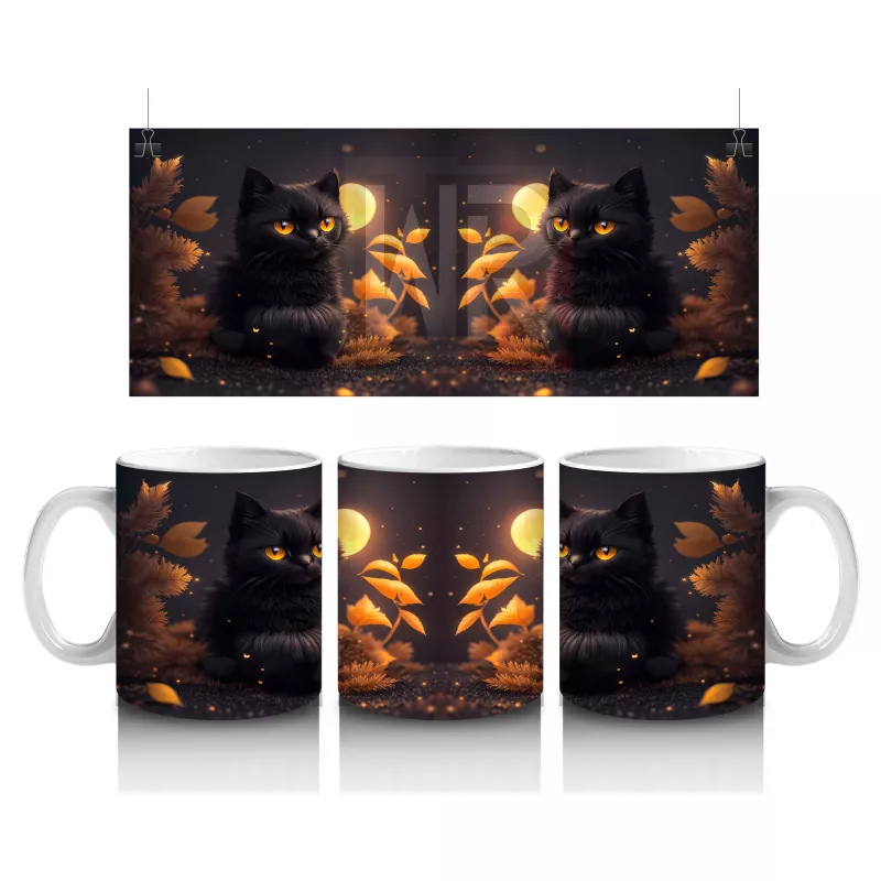 Sonbahar Yaprakları Arasında Siyah Kedi Çifti – Baskılı Kahve Kupası