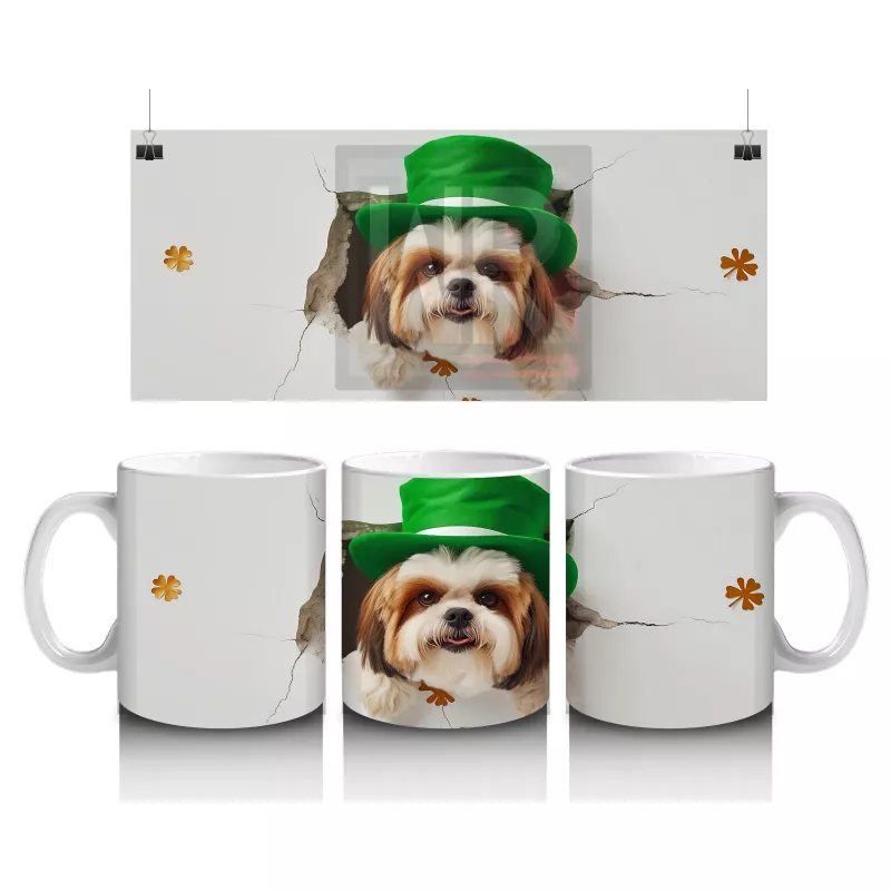 St. Patrick Şapkalı Bıyıklı Sevimli Köpek – Baskılı Kahve Kupası