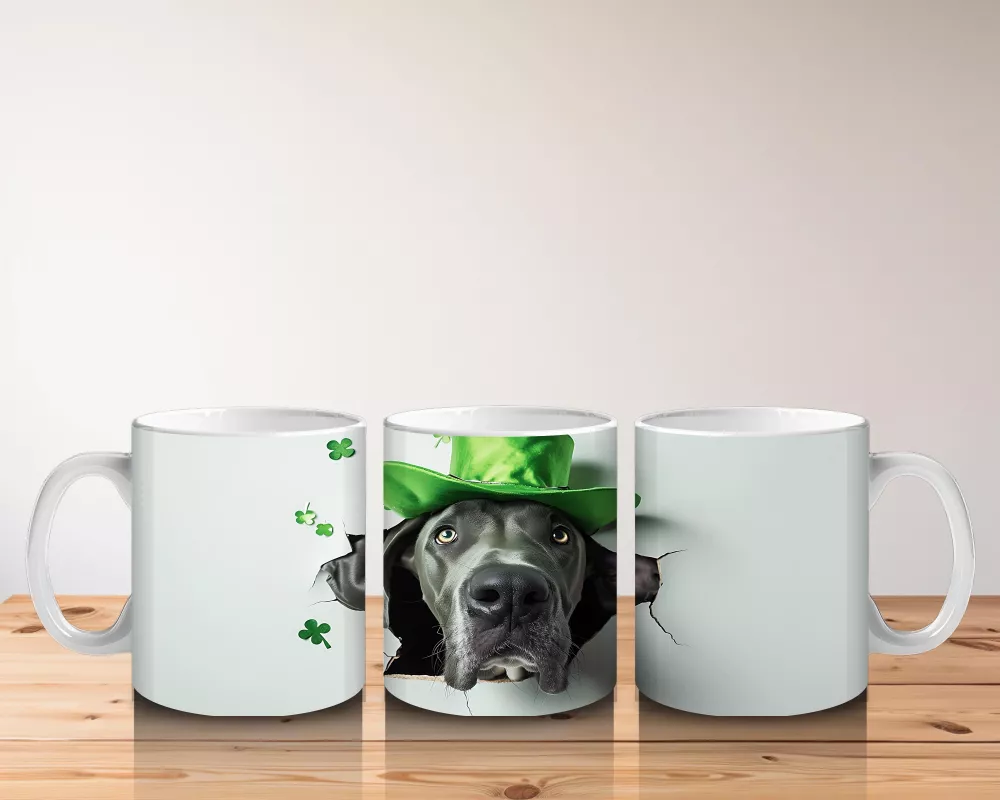 St. Patrick Şapkalı Gri Büyük Irk Köpek – Baskılı Kahve Kupası - 5