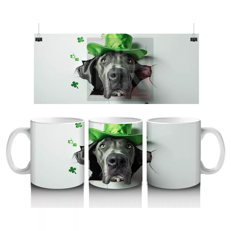 St. Patrick Şapkalı Gri Büyük Irk Köpek – Baskılı Kahve Kupası