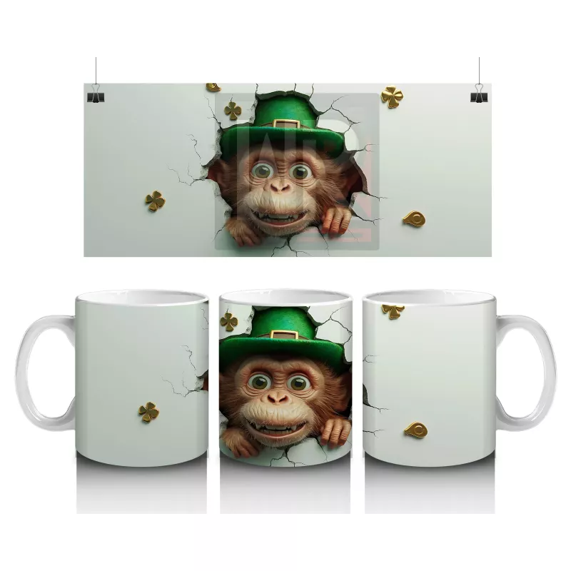 St. Patrick Şapkalı Gülümseyen Maymun – Baskılı Kahve Kupası