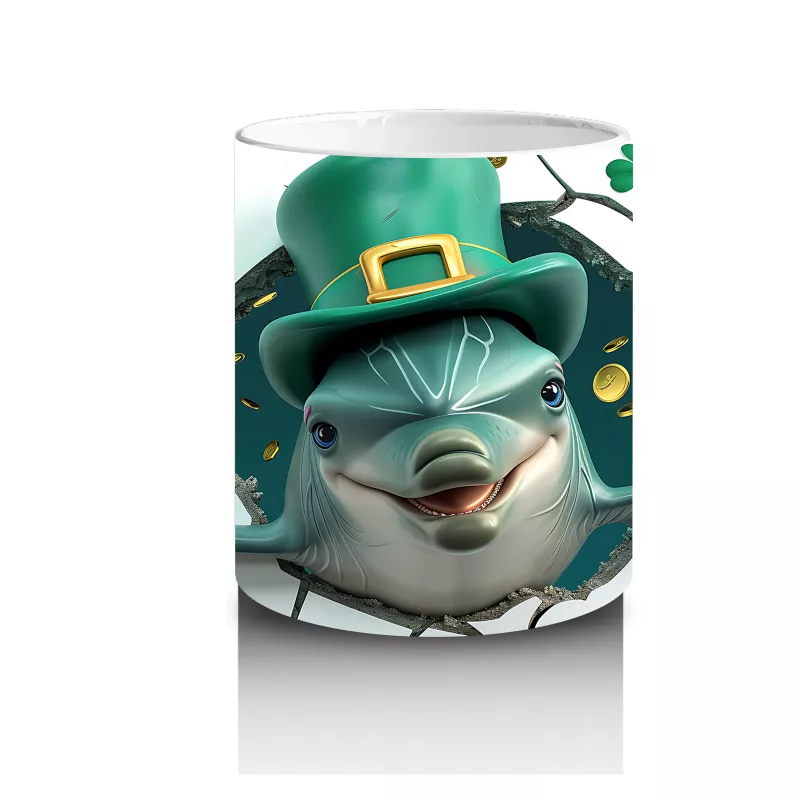 St. Patrick Şapkalı Neşeli Yunus – 3D Duvar Kırığı Temalı Kupa - 3