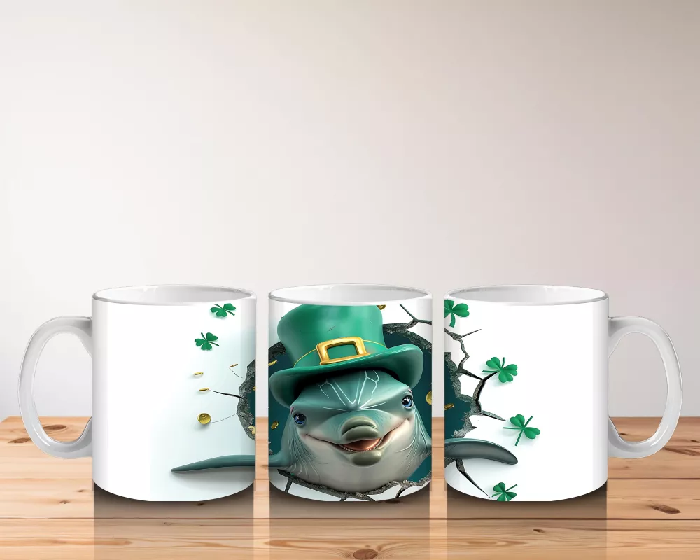 St. Patrick Şapkalı Neşeli Yunus – 3D Duvar Kırığı Temalı Kupa - 5