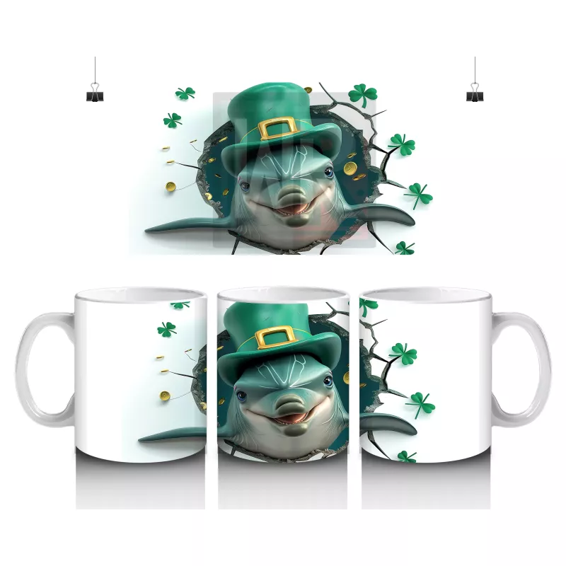 St. Patrick Şapkalı Neşeli Yunus – 3D Duvar Kırığı Temalı Kupa