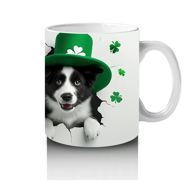 St. Patrick Şapkalı Siyah Beyaz Yavru Köpek – Baskılı Kahve Kupası - 4