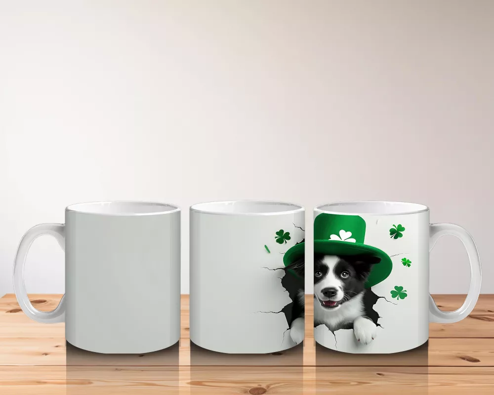 St. Patrick Şapkalı Siyah Beyaz Yavru Köpek – Baskılı Kahve Kupası - 5