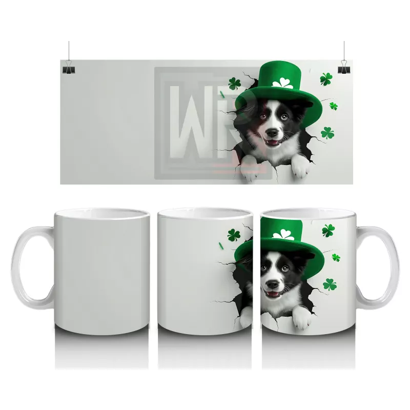 St. Patrick Şapkalı Siyah Beyaz Yavru Köpek – Baskılı Kahve Kupası