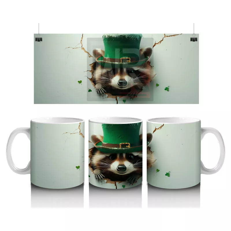St. Patrick Şapkalı Tüylü Rakun – Baskılı Kahve Kupası