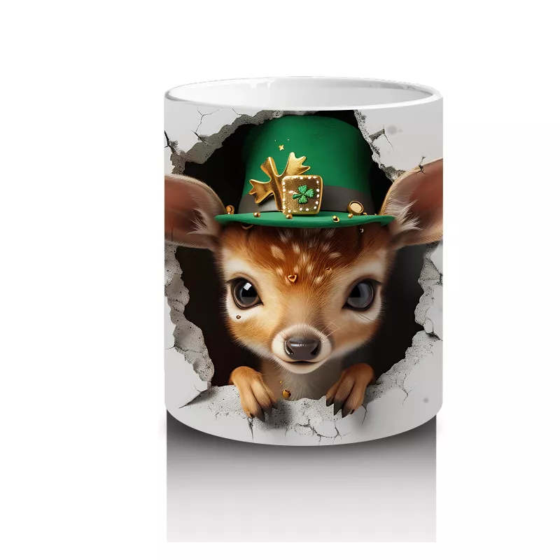 St. Patrick Şapkası Takmış Sevimli Geyik Yavrusu – Duvarı Delen 3D Kupa Tasarımı - 3