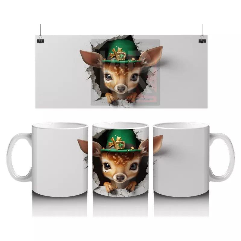 St. Patrick Şapkası Takmış Sevimli Geyik Yavrusu – Duvarı Delen 3D Kupa Tasarımı