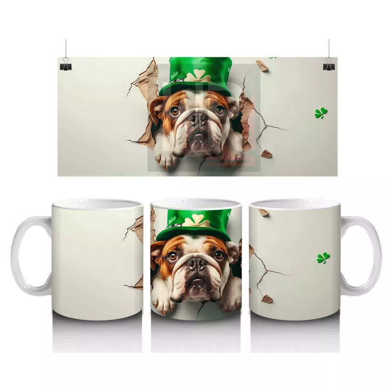 St. Patrick Şapkasıyla Çatlakta Bulldog – Baskılı Kahve Kupası