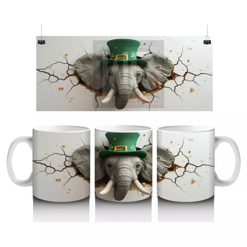 St. Patrick Şapkasıyla Fil Figürü – Baskılı Kahve Kupası