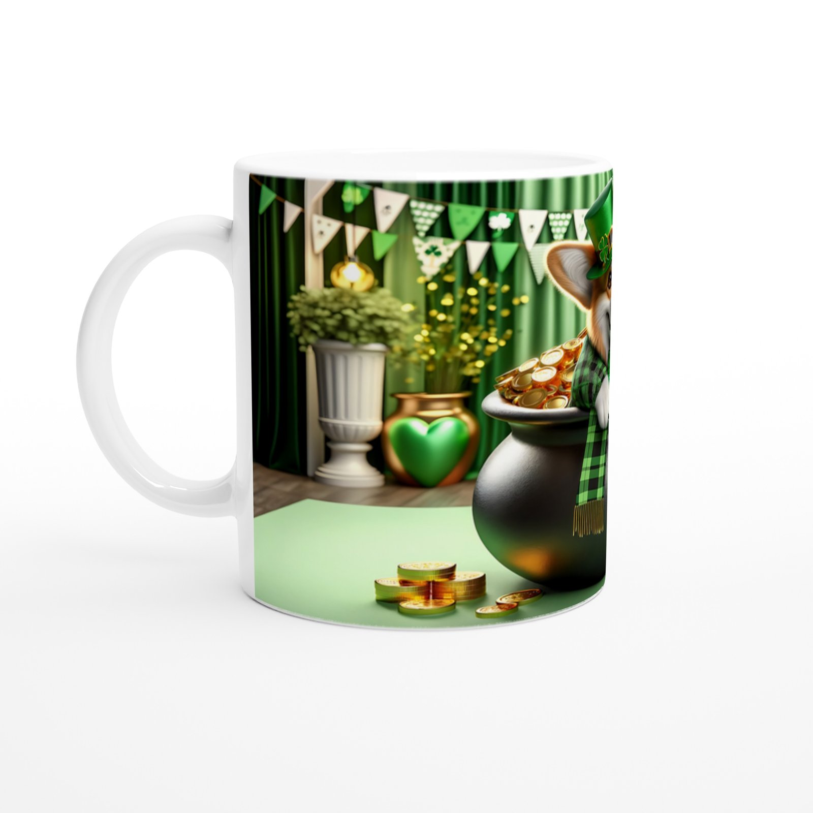 St. Patrick Şapkasıyla Gülümseyen Corgi Temalı Baskılı Kupa Bardak - 2