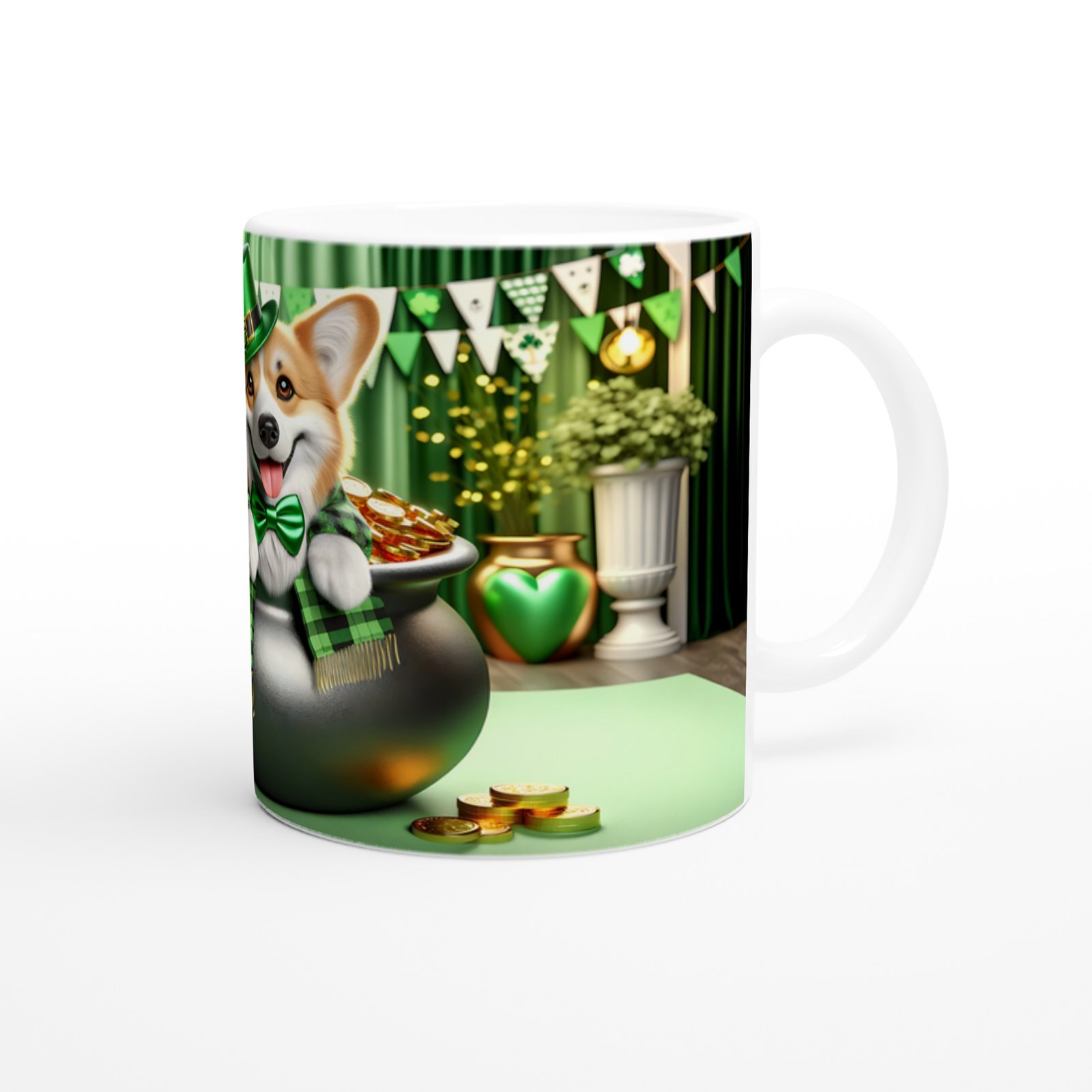 St. Patrick Şapkasıyla Gülümseyen Corgi Temalı Baskılı Kupa Bardak - 3