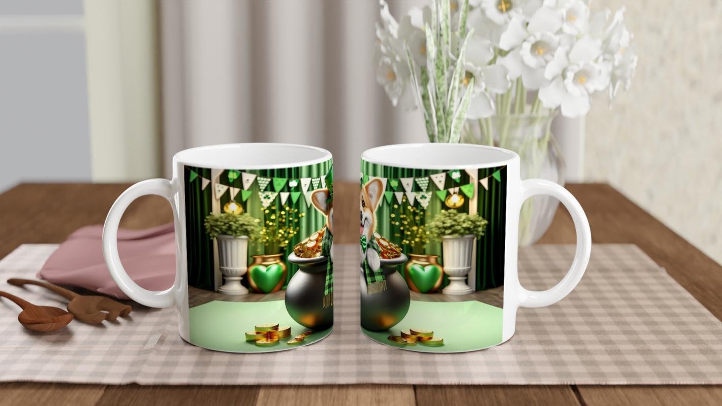 St. Patrick Şapkasıyla Gülümseyen Corgi Temalı Baskılı Kupa Bardak - 5