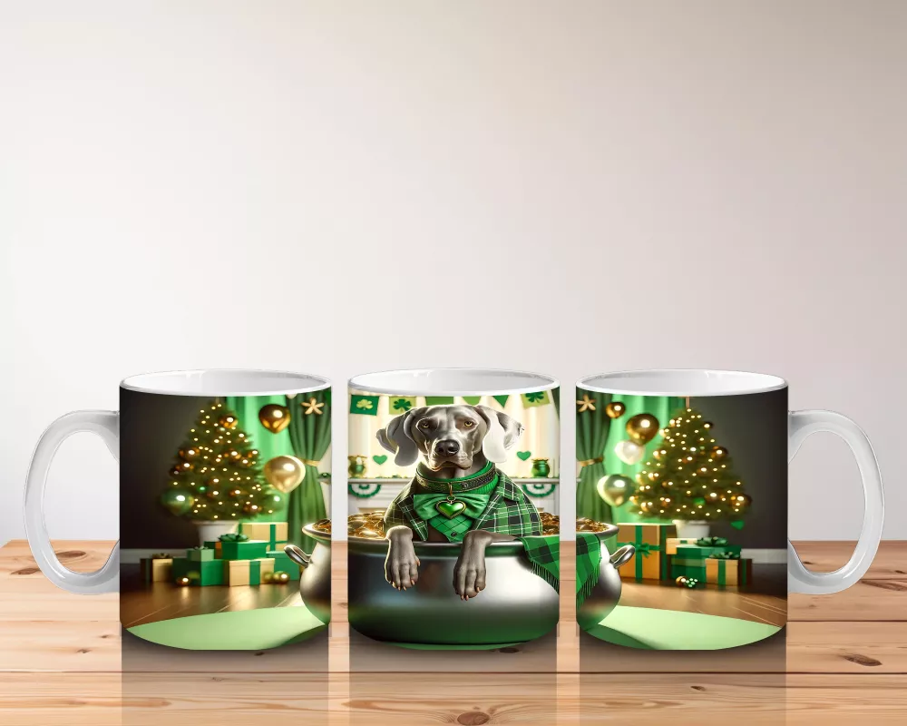 St. Patrick Temalı Altın Kazanında Weimaraner Köpek – Yeşil Işıltılı Kupa Tasarımı - 5