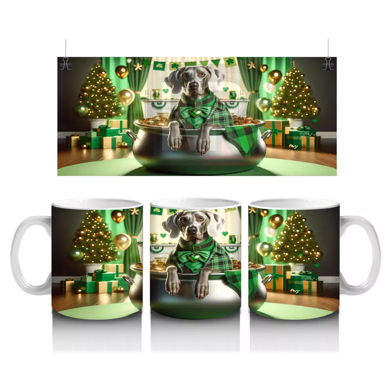 St. Patrick Temalı Altın Kazanında Weimaraner Köpek – Yeşil Işıltılı Kupa Tasarımı