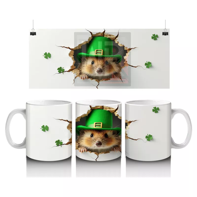 St. Patrick’s Şapkalı Sevimli Kirpi Tasarımı - Baskılı kahve kupası
