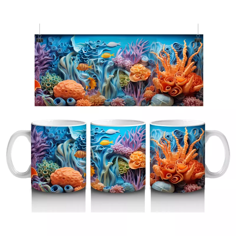 Sualtı Dünyasında Renkli Mercanlar ve Balıklar – Baskılı Kahve Kupası