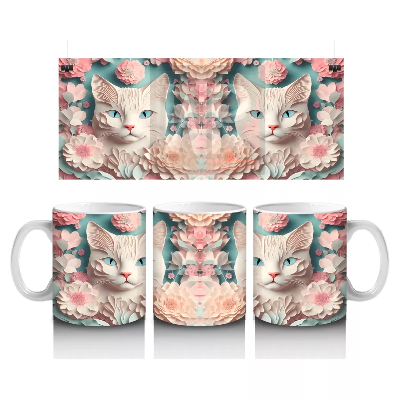 Süslemeli Fon Üzerinde Ayna Yansımalı Kediler – Baskılı Kahve Kupası