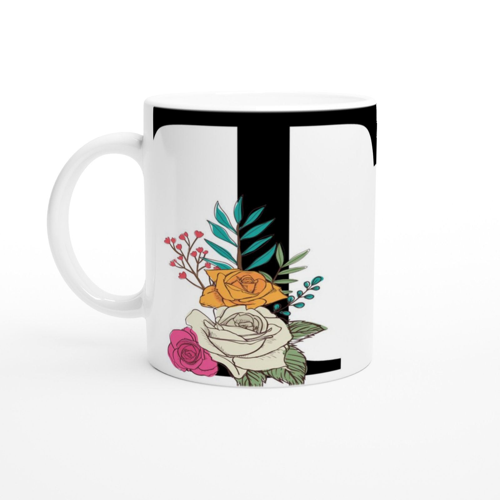 T Harfi Çiçek Desenli Harfli Kupa Bardak