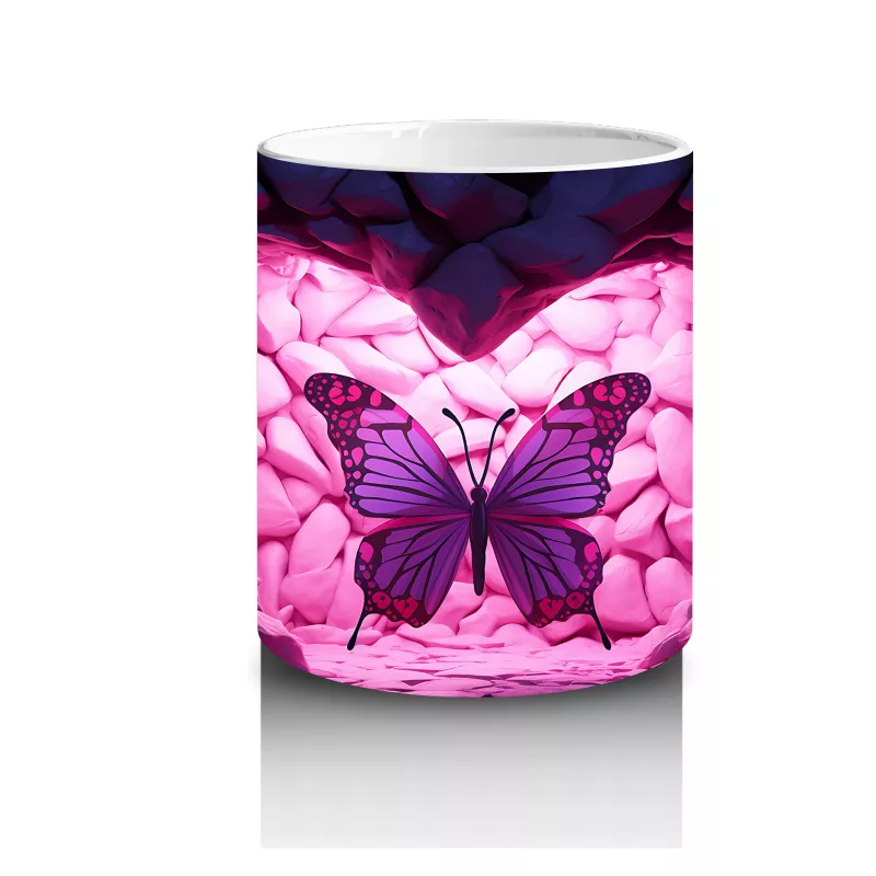 Taş Kalp Yüzey Üzerinde Işıltılı Pembe Kelebek - Baskılı kahve kupası - 3