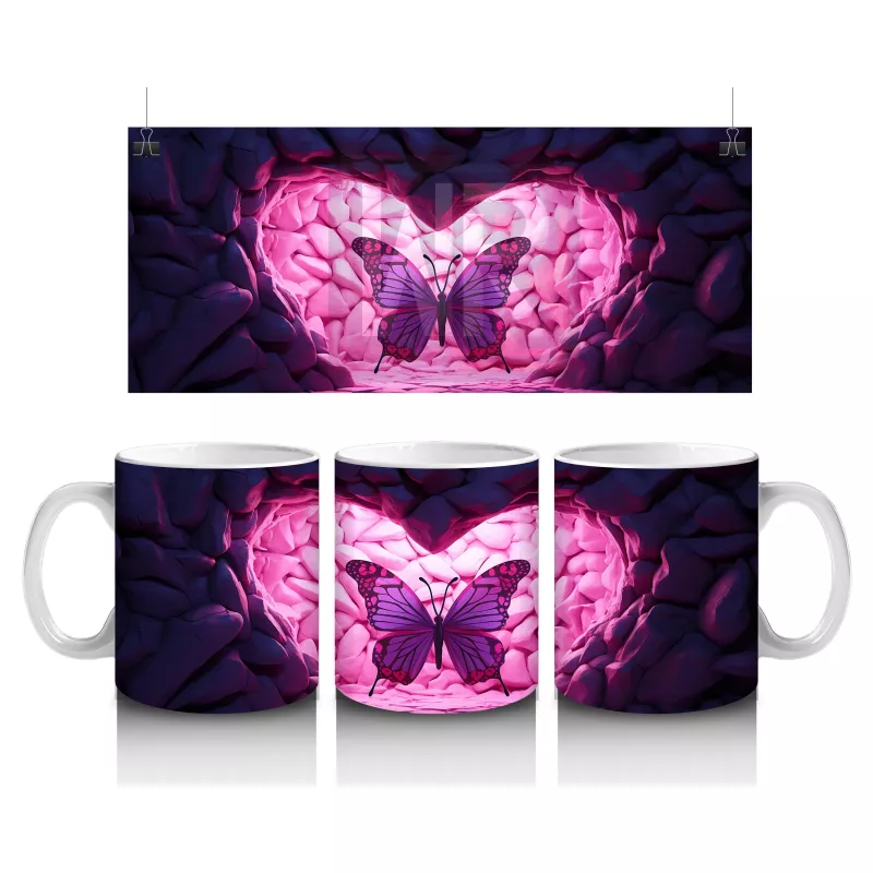 Taş Kalp Yüzey Üzerinde Işıltılı Pembe Kelebek - Baskılı kahve kupası