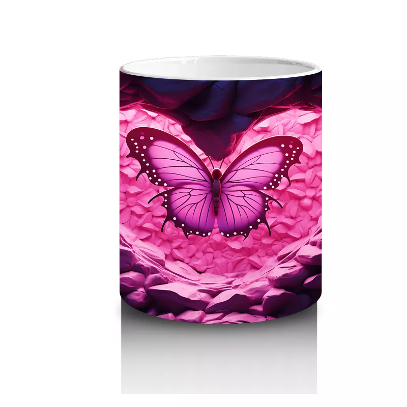 Taşlar Arasında Pembe Kalp ve Kelebek – Baskılı Kahve Kupası - 3