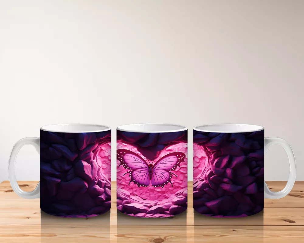 Taşlar Arasında Pembe Kalp ve Kelebek – Baskılı Kahve Kupası - 5