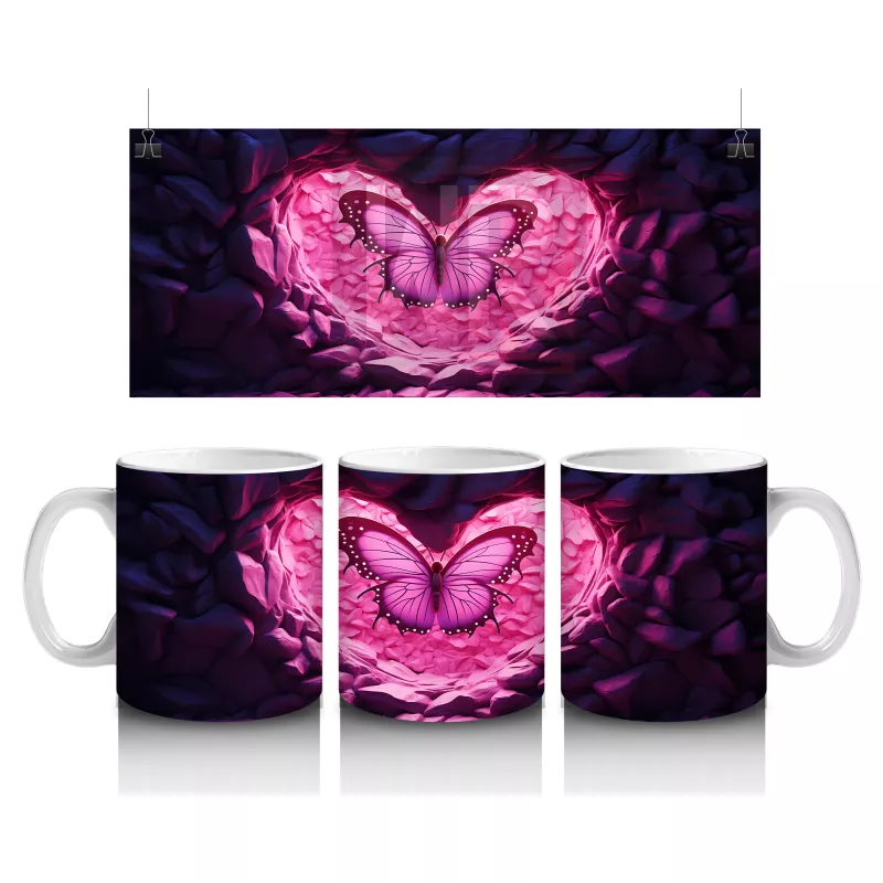 Taşlar Arasında Pembe Kalp ve Kelebek – Baskılı Kahve Kupası