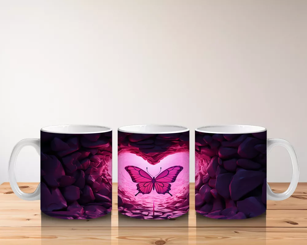 Taşlarla Çevrili Kalpli Kelebek – Baskılı Kahve Kupası - 5