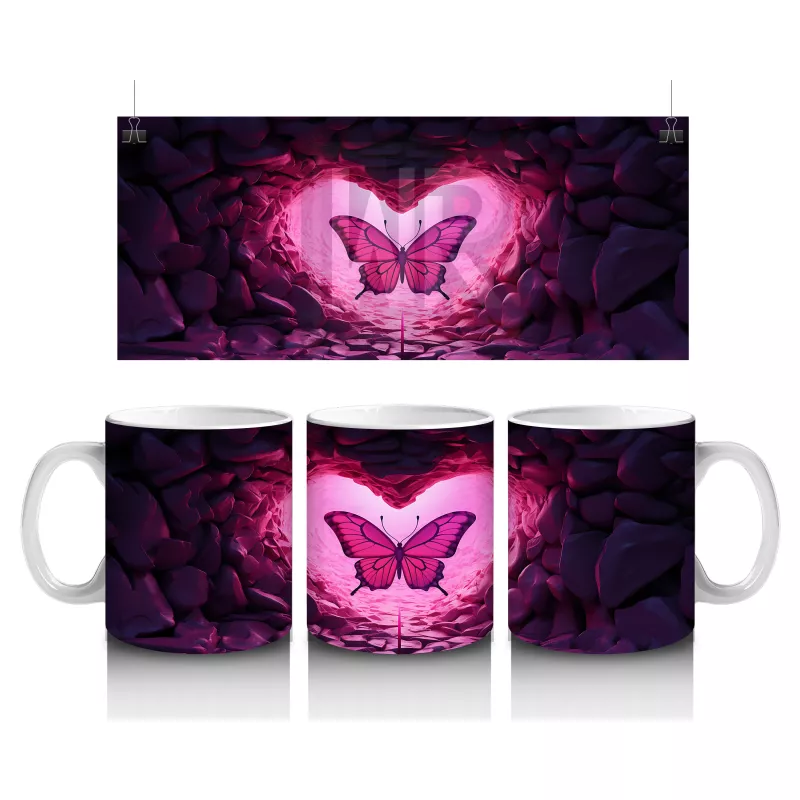 Taşlarla Çevrili Kalpli Kelebek – Baskılı Kahve Kupası