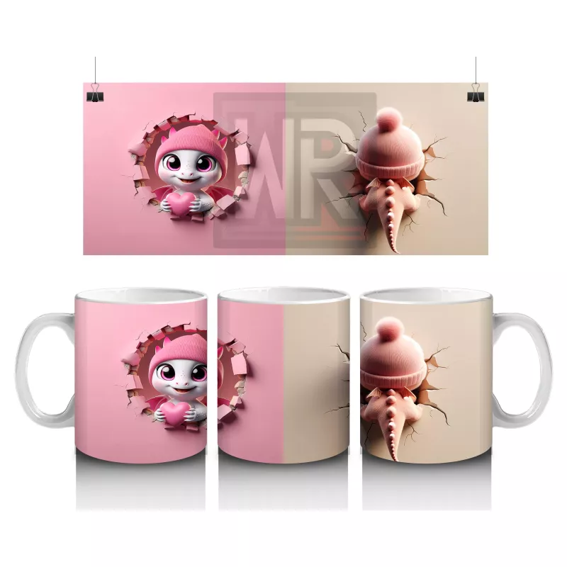 Tatlı Gülümsemeli Sevimli Pembe Dinozor Yavrusu (Çift Açı) - Baskılı kahve kupası