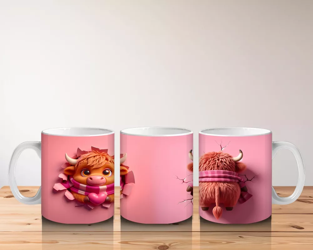 Tatlı Öküz Çiftiyle Pembe Temalı Tasarım - Baskılı Kahve Kupası - 5