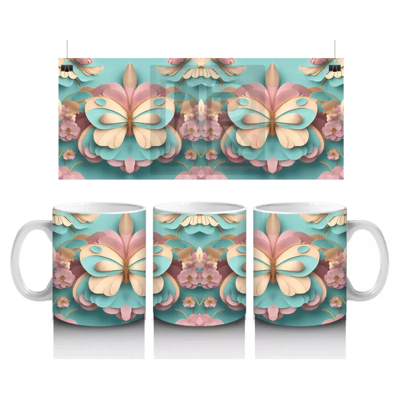 Tatlı Tonlarda Simetrik Kelebek Deseni – Baskılı Kahve Kupası