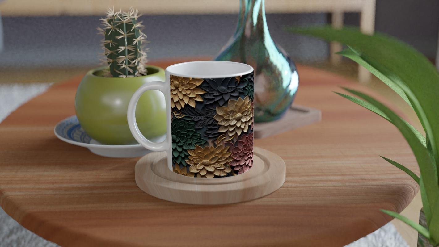 Toprak ve Altın Çiçek Desenli Kupa Bardak - 4