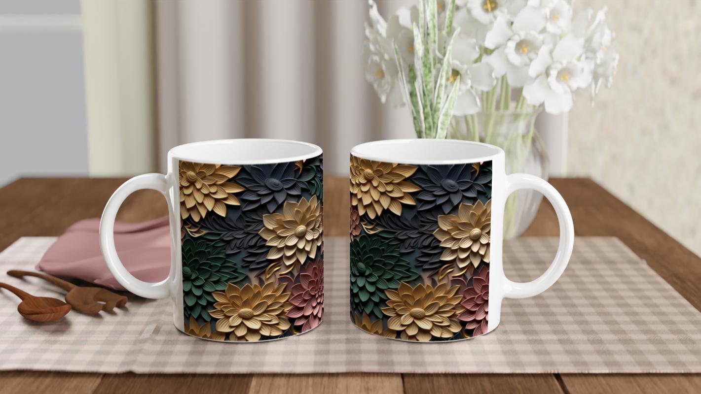 Toprak ve Altın Çiçek Desenli Kupa Bardak - 5