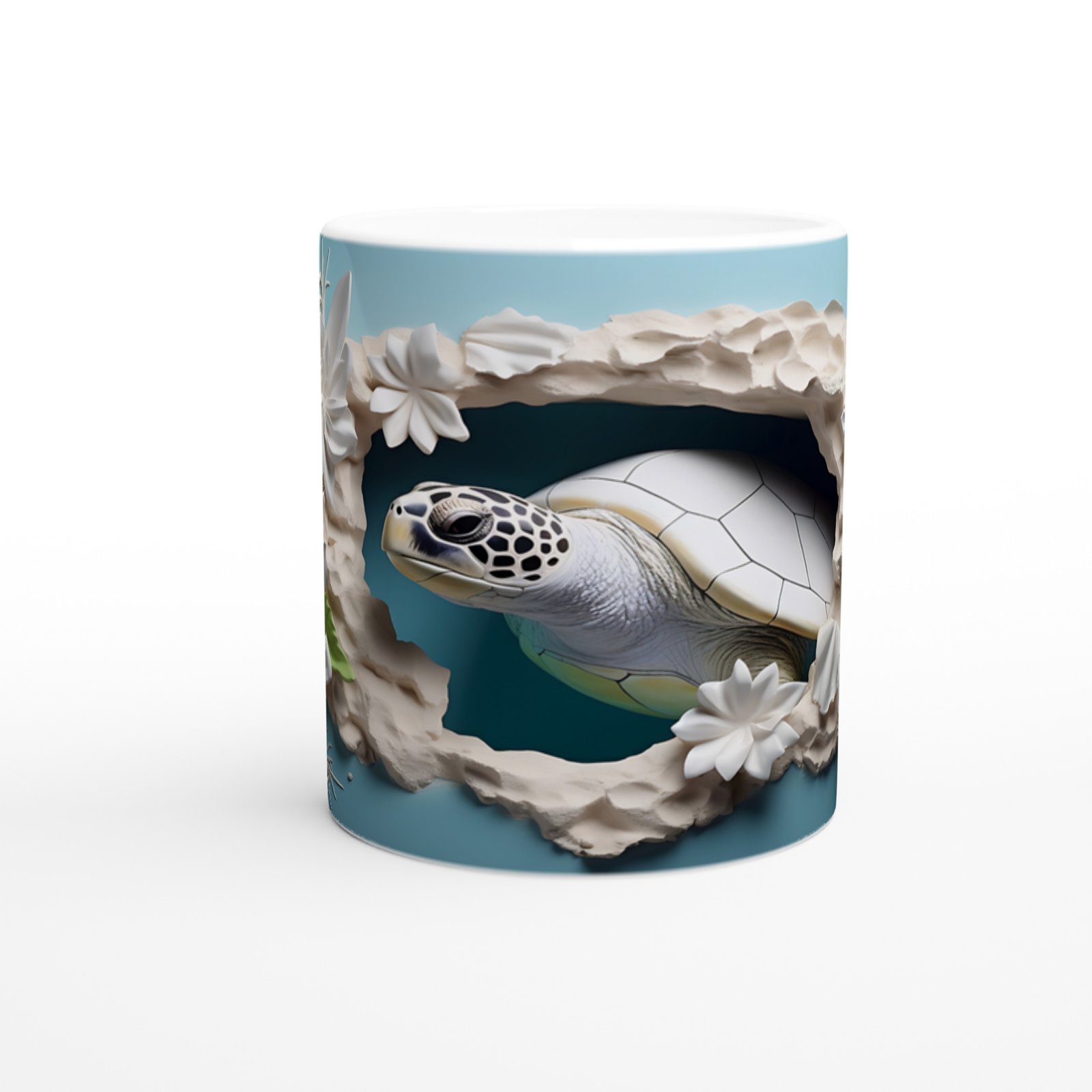 Tropikal Yapraklar ve Beyaz Çiçekler Arasında Deniz Kaplumbağası Kupa Bardak