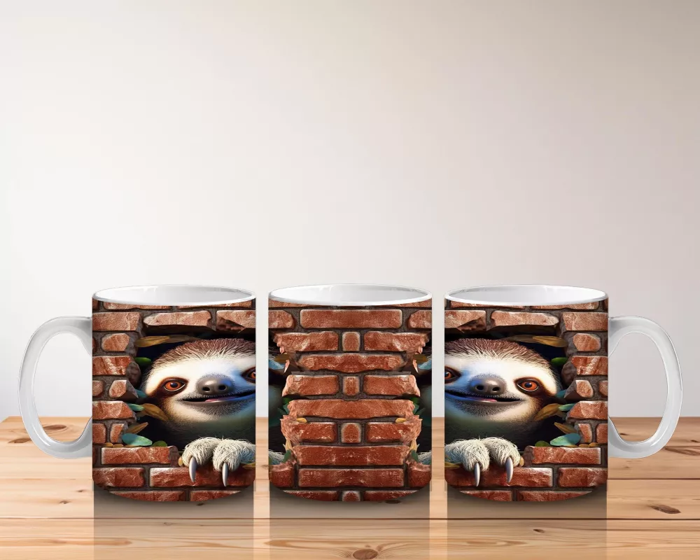 Tuğla Duvar Önünde Gülümseyen Tembel Hayvan – Baskılı Kahve Kupası - 5