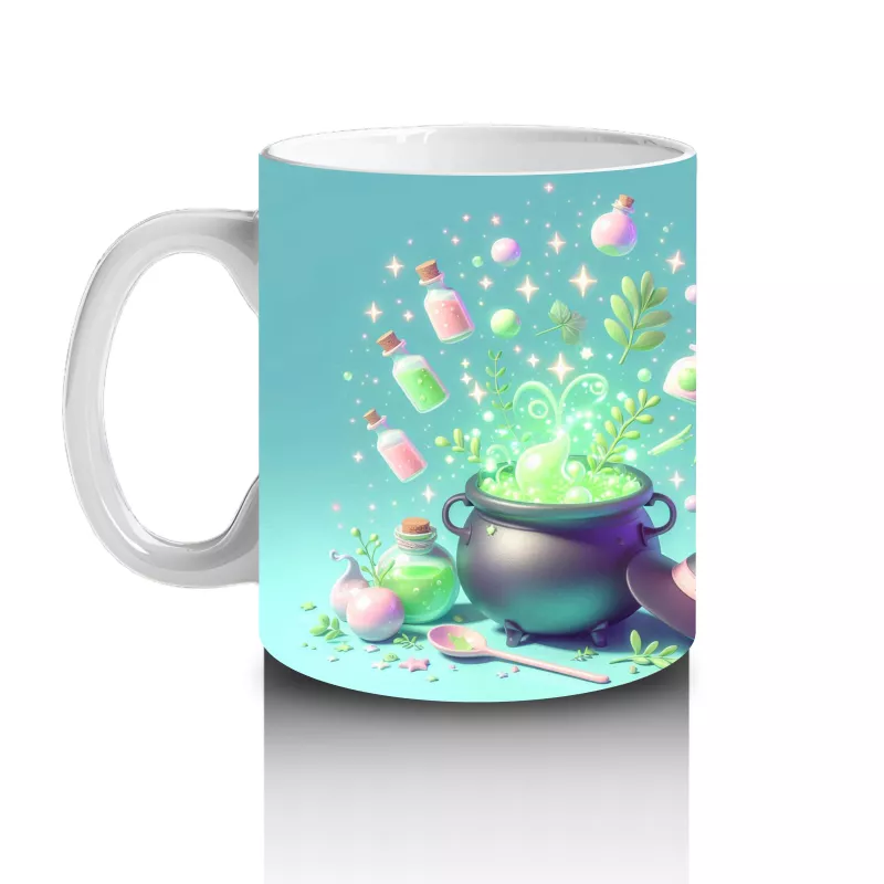 Turkuaz Arka Plan Üzerinde Neon Balkabağı ve Şekerlemelerle Cadılar Bayramı Baskılı Kupa - 2