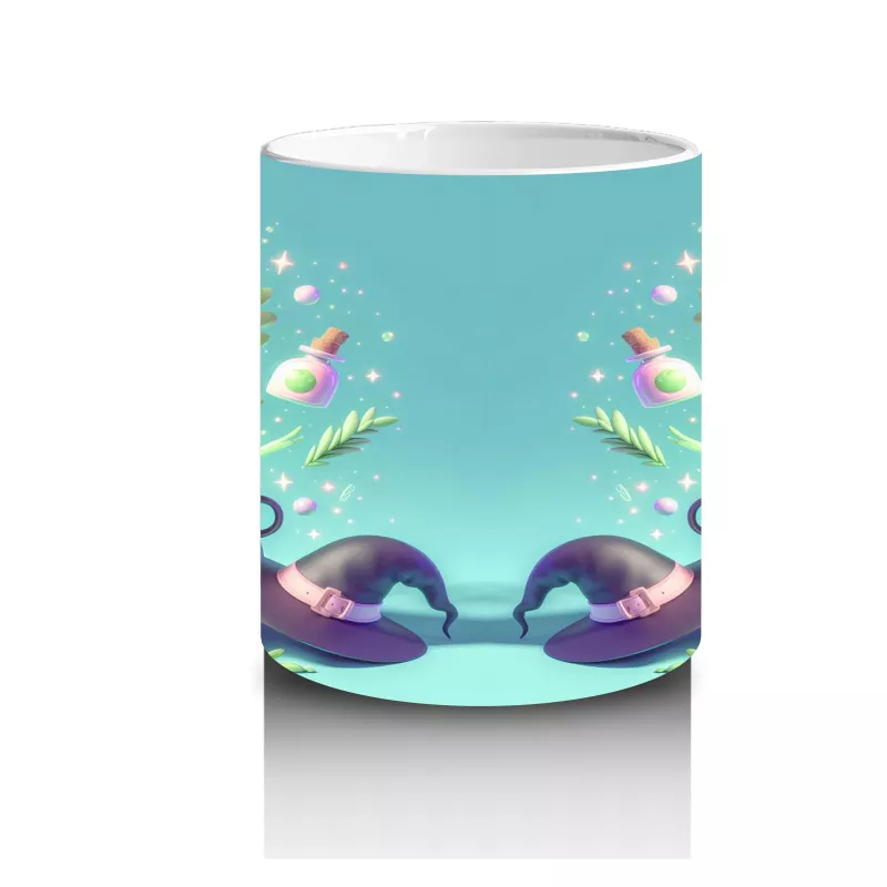 Turkuaz Arka Plan Üzerinde Neon Balkabağı ve Şekerlemelerle Cadılar Bayramı Baskılı Kupa - 3