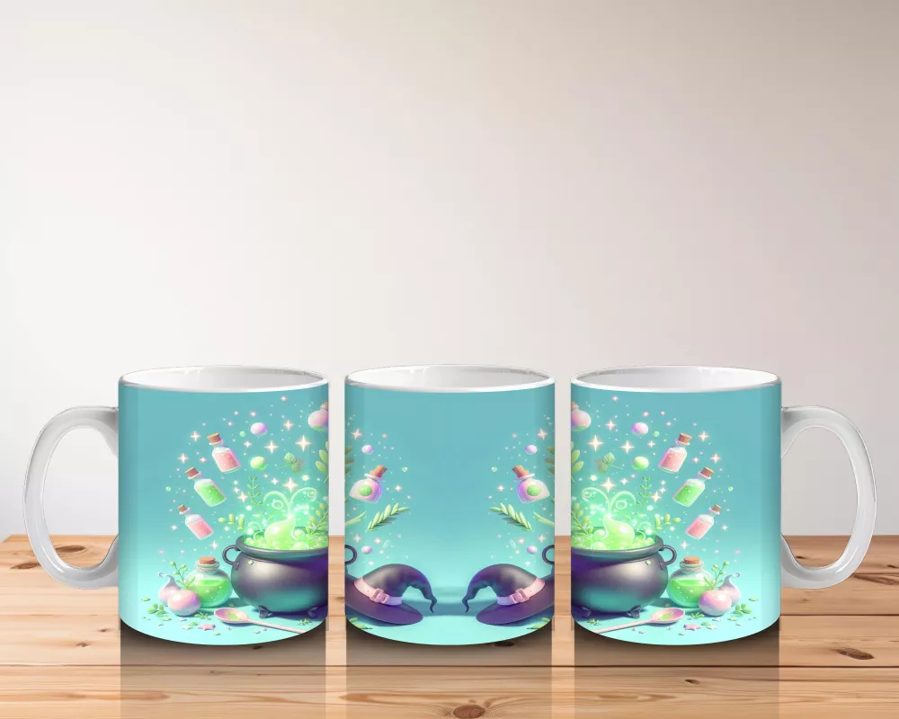 Turkuaz Arka Plan Üzerinde Neon Balkabağı ve Şekerlemelerle Cadılar Bayramı Baskılı Kupa - 5