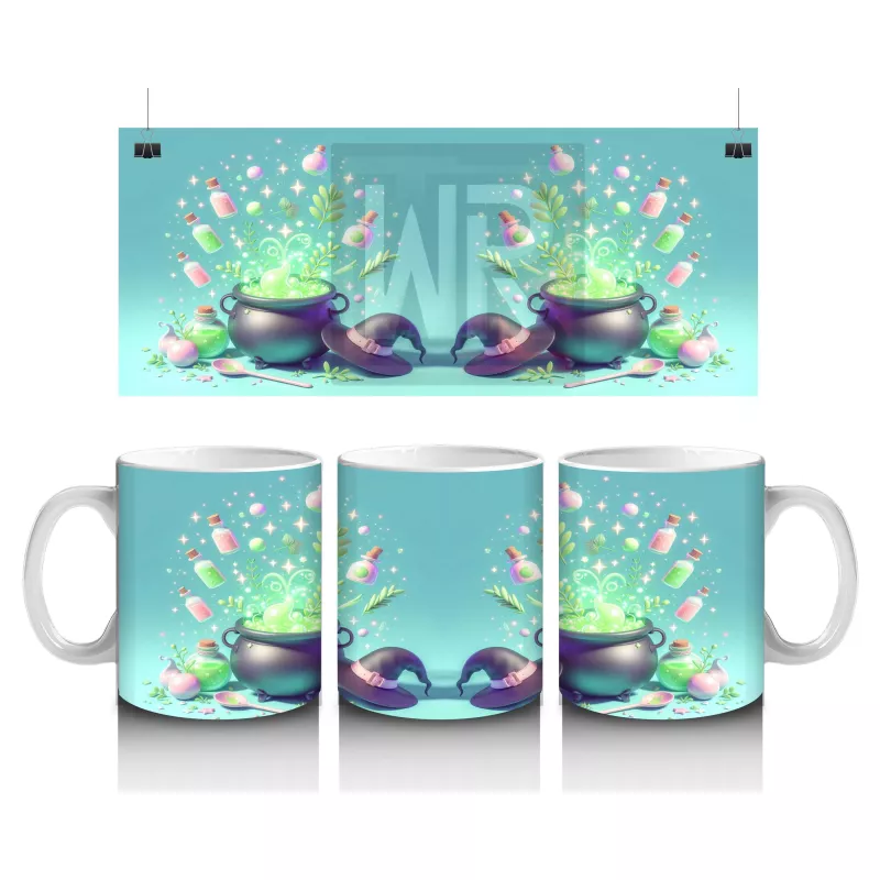 Turkuaz Arka Plan Üzerinde Neon Balkabağı ve Şekerlemelerle Cadılar Bayramı Baskılı Kupa