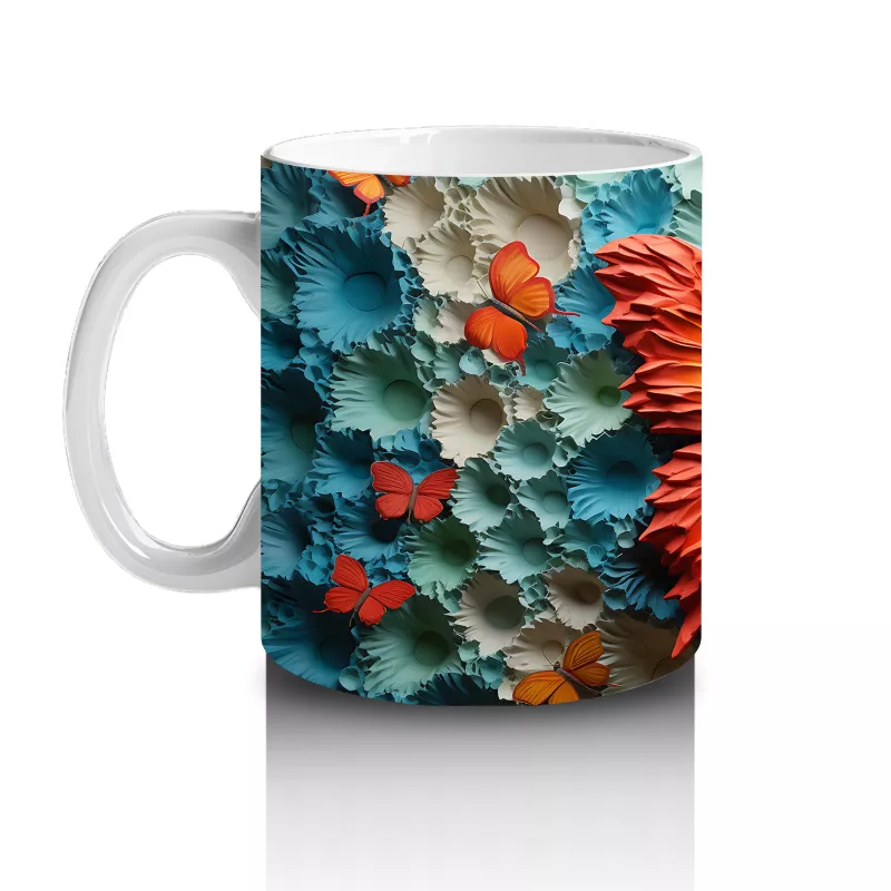 Turkuaz Rölyef Dokulu Zeminde Turuncu Kelebek – Baskılı Kahve Kupası - 2