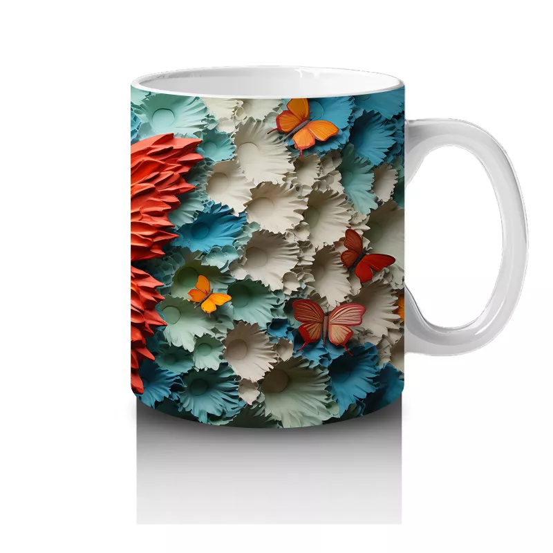 Turkuaz Rölyef Dokulu Zeminde Turuncu Kelebek – Baskılı Kahve Kupası - 4