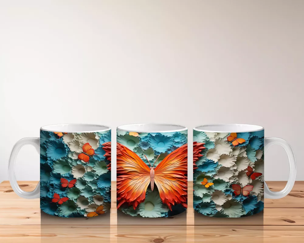 Turkuaz Rölyef Dokulu Zeminde Turuncu Kelebek – Baskılı Kahve Kupası - 5