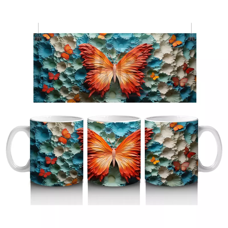 Turkuaz Rölyef Dokulu Zeminde Turuncu Kelebek – Baskılı Kahve Kupası