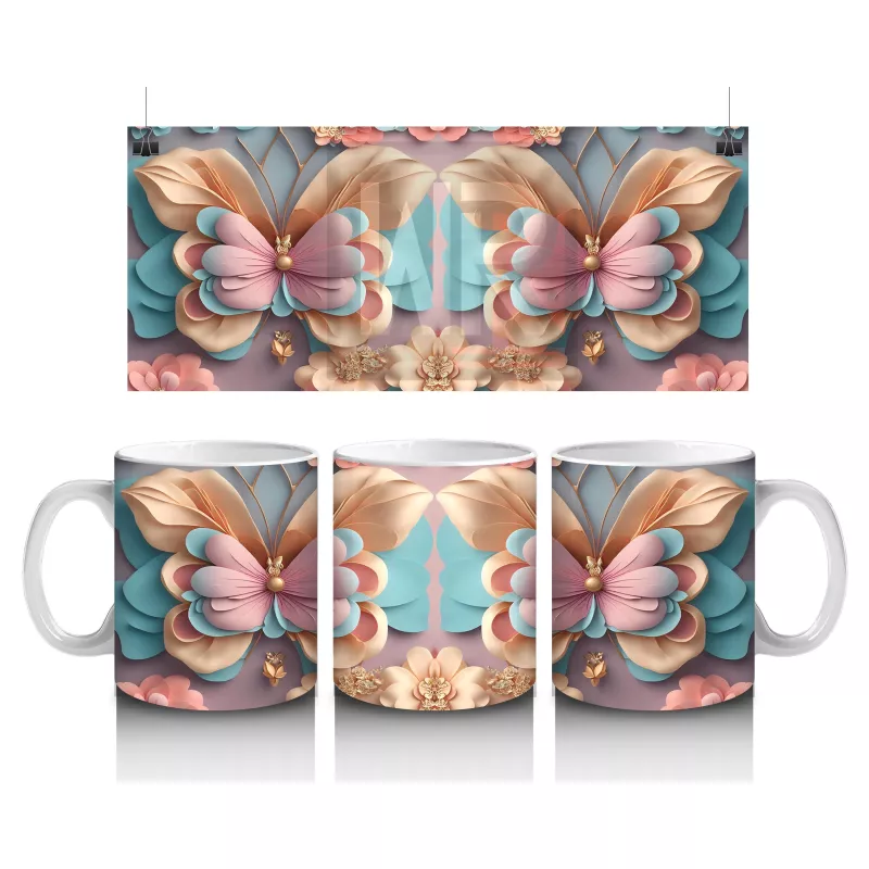 Turkuaz Tonlarda Çiçekli Kelebek İkilisi – Baskılı Kahve Kupası